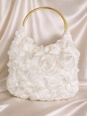 White Floral Rosette Handbag with Gold Ring Handles